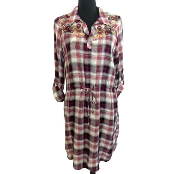 New Skies Are Blue Red Plaid Embroidered Floral Shirt Dress‎ Small - Picture 2 of 7